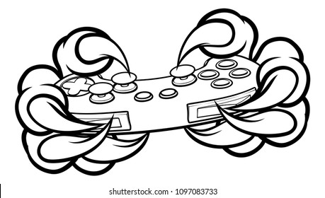 Monster gamer player hands or claws holding a controller playing video games 