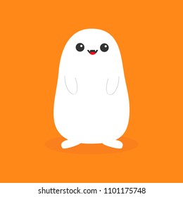 Monster ghost white silhouette. Fang tooth. Open mouth. Two eyes, teeth, tongue, hands. Funny Cute cartoon baby character. Happy Halloween. Flat design. Orange background Isolated. Vector illustration