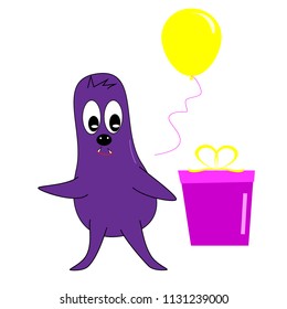 Monster with gift box and balloon, vector flat illustration