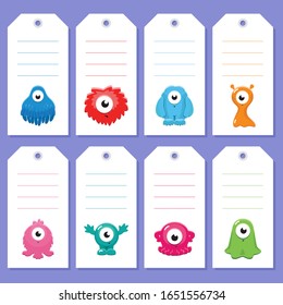 Monster gift tags. Set of gift tags with funny one-eyed monsters in cartoon style. Vector 8 EPS.