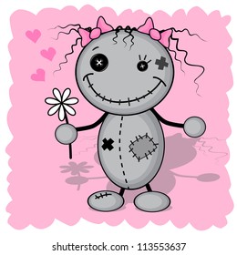 Monster girl is holding a flower in her hand isolated on a pink background