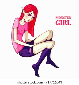 Monster girl with red hair on isolated background. Happy halloween! Print for polygraphy, posters and textiles
