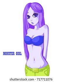 Monster girl with violet hair on isolated background. Happy halloween!