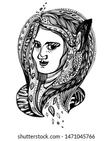 Monster girl. Young elf magic woman with long ears and two color plit hair blown by the wind. Alchemy, tattoo art, t-shirt design, adult coloring book page. Isolated vector.