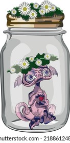 Monster in glass jar with flowers flat vector illustration. Pretty fantastic creature sketch isolated on white. Drawing for kids print. Cute 