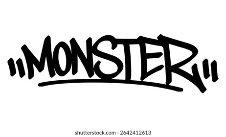 Monster graffiti tag in bold black ink with expressive handstyle. Vector street art lettering on transparent background. Perfect for fierce energy, urban style, and bold expression.
