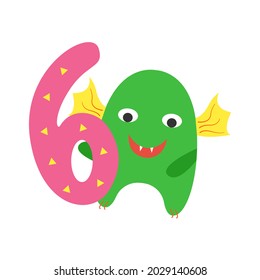 Monster green cute funny kind with wings and festive congratulatory number six isolated on white background. Design element for a childrens book or postcard. Vector illustration