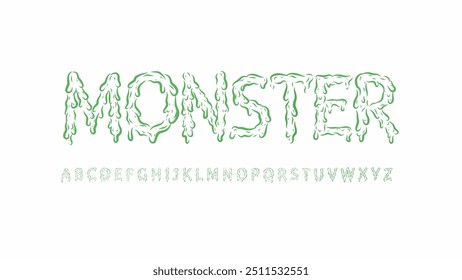 Monster Green Melt alfabeto tipográfico. Conjunto de Vector de letras de estilo graffiti de arte callejero. Colección de Elementos de estilo fundido para camisetas y diseños musicales