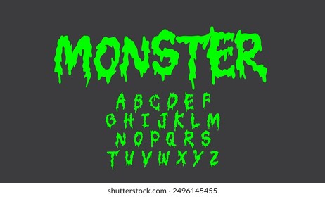 Monster, green melt style font type alphabet. Street Art graffiti style letters vector set. Collection of melted style elements for tee prints and music designs etc