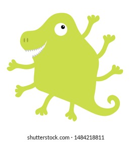 Monster green silhouette. One eye, dinosaur nose, many hands. Cute cartoon kawaii scary funny character. Baby collection. Happy Halloween. White background. Isolated. Flat design. Vector illustration