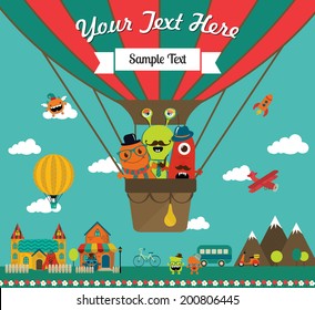 Monster Greeting Card Design with Vintage Air Balloon Banner, Town with Cute Houses. Party Invitation, Happy Birthday Card Vector Illustration