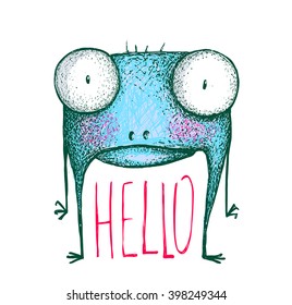 Monster with greeting text hello. Strange cartoon creature, character alien comic fun, vector illustration