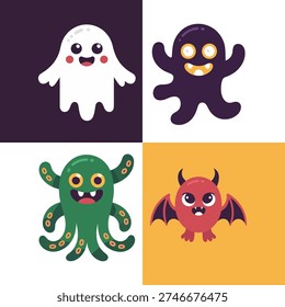 Monster grid set with ghost, octopus creature, purple blob, red bat demon, Halloween poster, kids party, game asset vector.