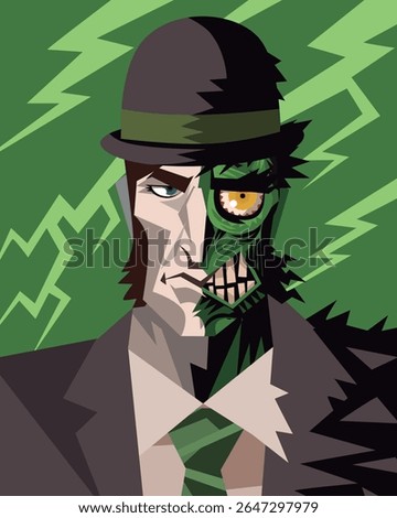 monster with half of the face transformed as zombie