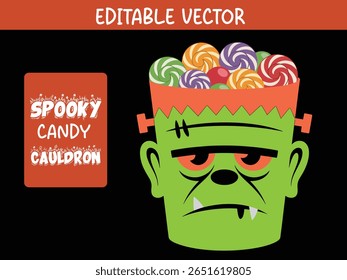  "Monster Halloween Candy Holder with Colorful Swirl Lollipops" . Balde de tratamento de monstro verde assustador para crianças.