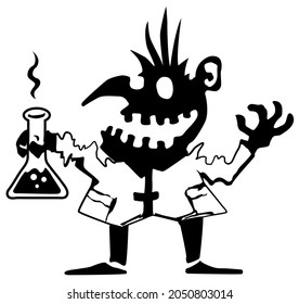 Monster Halloween creature mad scientist silhouette stencil black, vector illustration, horizontal, over white, isolated
