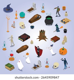 Monster halloween isometric flowchart trick or treat demon boo hand creature bat skull concept eye icon set seasonal moon 