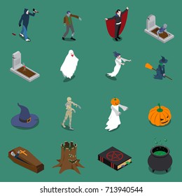 Monster halloween isometric icon set with elements and attributes of scariest day of all year vector illustration