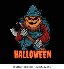monster halloween scarecrow holding axe
