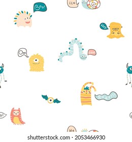 Monster Halloween seamless pattern. Cute cartoon characters in simple hand-drawn Scandinavian style. Vector childish funny doodle illustration. Baby clothes, textiles, fabric, wallpaper,paper