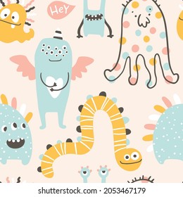 Monster Halloween seamless pattern. Cute cartoon characters in simple hand-drawn Scandinavian style. Vector childish funny doodle illustration. Baby clothes, textiles, fabric, wallpaper,paper