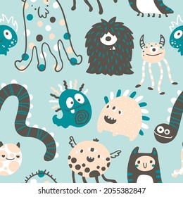 Monster Halloween sin fisuras. Personajes de dibujos animados en un sencillo estilo escandinavo dibujado a mano. Imagen de garabato infantil vectorial. Prendas de vestir, textiles, tejidos, papel pintado