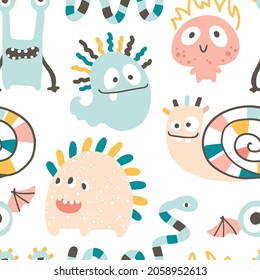 Monster Halloween seamless pattern. Cute cartoon characters in simple hand-drawn Scandinavian style. Vector childish funny doodle illustration. Baby clothes, textiles, fabric, wallpaper,paper