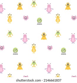 Monster Halloween seamless pattern. Cute cartoon characters in simple hand-drawn Scandinavian style. Vector childish funny doodle illustration. Baby clothes, textiles, fabric, wallpaper,paper