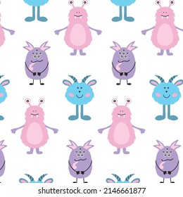 Monster Halloween seamless pattern. Cute cartoon characters in simple hand-drawn Scandinavian style. Vector childish funny doodle illustration. Baby clothes, textiles, fabric, wallpaper,paper