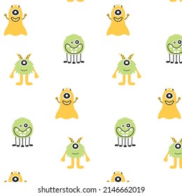 Monster Halloween seamless pattern. Cute cartoon characters in simple hand-drawn Scandinavian style. Vector childish funny doodle illustration. Baby clothes, textiles, fabric, wallpaper,paper