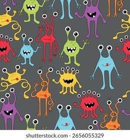 Monster Halloween seamless pattern. Cute cartoon characters in simple hand drawn style. Digital paper for wallpaper, fabric textile, wrapping paper.