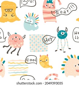 Monster Halloween seamless pattern with lettering. Cute cartoon characters in simple hand-drawn Scandinavian style. Vector childish funny doodle illustration. Baby clothes, textiles, fabric