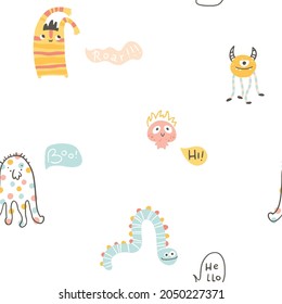 Monster Halloween seamless pattern with lettering. Cute cartoon characters in simple hand-drawn Scandinavian style. Vector childish funny doodle illustration. Baby clothes, textiles, fabric