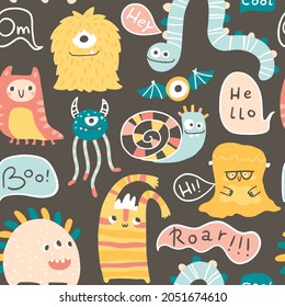 Monster Halloween seamless pattern with lettering. Cute cartoon characters in simple hand-drawn Scandinavian style. Vector childish funny doodle illustration. Baby clothes, textiles, fabric