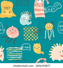 Monster Halloween seamless pattern with lettering. Cute cartoon characters in simple hand-drawn Scandinavian style. Vector childish funny doodle illustration. Baby clothes, textiles, fabric