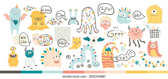 Monster Halloween set with inscriptions. Collection of cute cartoon characters in simple hand-drawn scandinavian style. Vector childish funny doodle illustration. Baby posters, cards, prints clothes