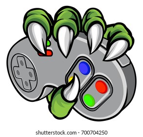 Monster hand or claw holding a video games controller  