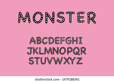 Monster hand drawn font black with eyes on purple background lettering minimalism