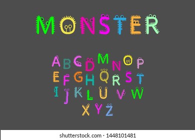 Monster hand drawn vector font in cartoon style fur and eyes alive letters colorful on grey bright vibrant