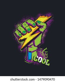 Monster hand hold lightning, text hey cool. Teenagers t shirt design drawing in cartoon style on black background. 