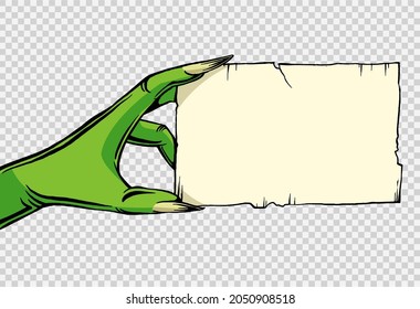 Monster hand hold old blank card isolated  on png or transparent,Halloween party background,space for text,element template for poster,brochures,online  advertising,vector illustration 