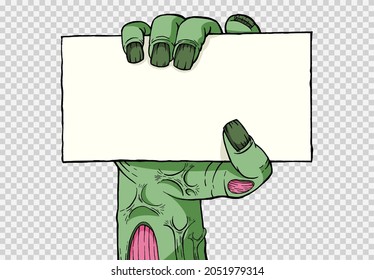 Mano de monstruo con tarjeta en blanco o zombi con signo aislado en png o textura transparente,Fondo de fiesta de Halloween ,plantilla de elemento para afiche,folletos, publicidad en línea,ilustración vectorial  