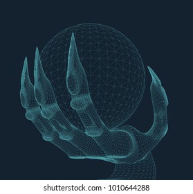 monster hand holding a magical orb illustrated in wire frame hologram style