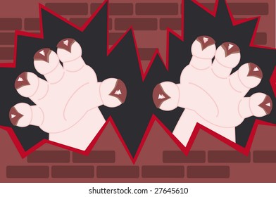 monster hands with claws coming through a broken wall