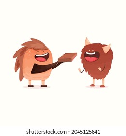 The monster hands over the book. Present. Vector illustration in flat style