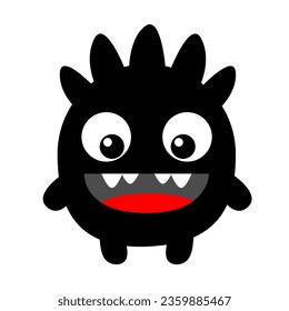 Monster. Happy Halloween. Cute head face with hair, fangs. Black silhouette monsters. Cartoon kawaii funny boo character. Childish baby collection. T-shirt design. White background. Flat design Vector