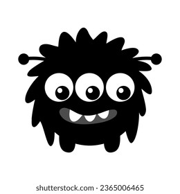 Monstruo. Feliz Halloween. Cara de cabeza con tres ojos, colmillos. Monstruos de silueta negra. Caricatura kawaii gracioso personaje de boo. Colección de bebés. Diseño de camisetas. Fondo blanco. Diseño plano. Vector