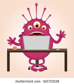 Monster has some troubles with PC. Education concept. Vector illustration