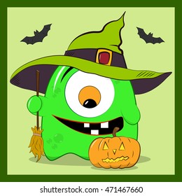 Monster in a hat with a broom