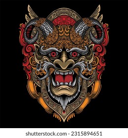 Monster head with Balinese ornament tribal background